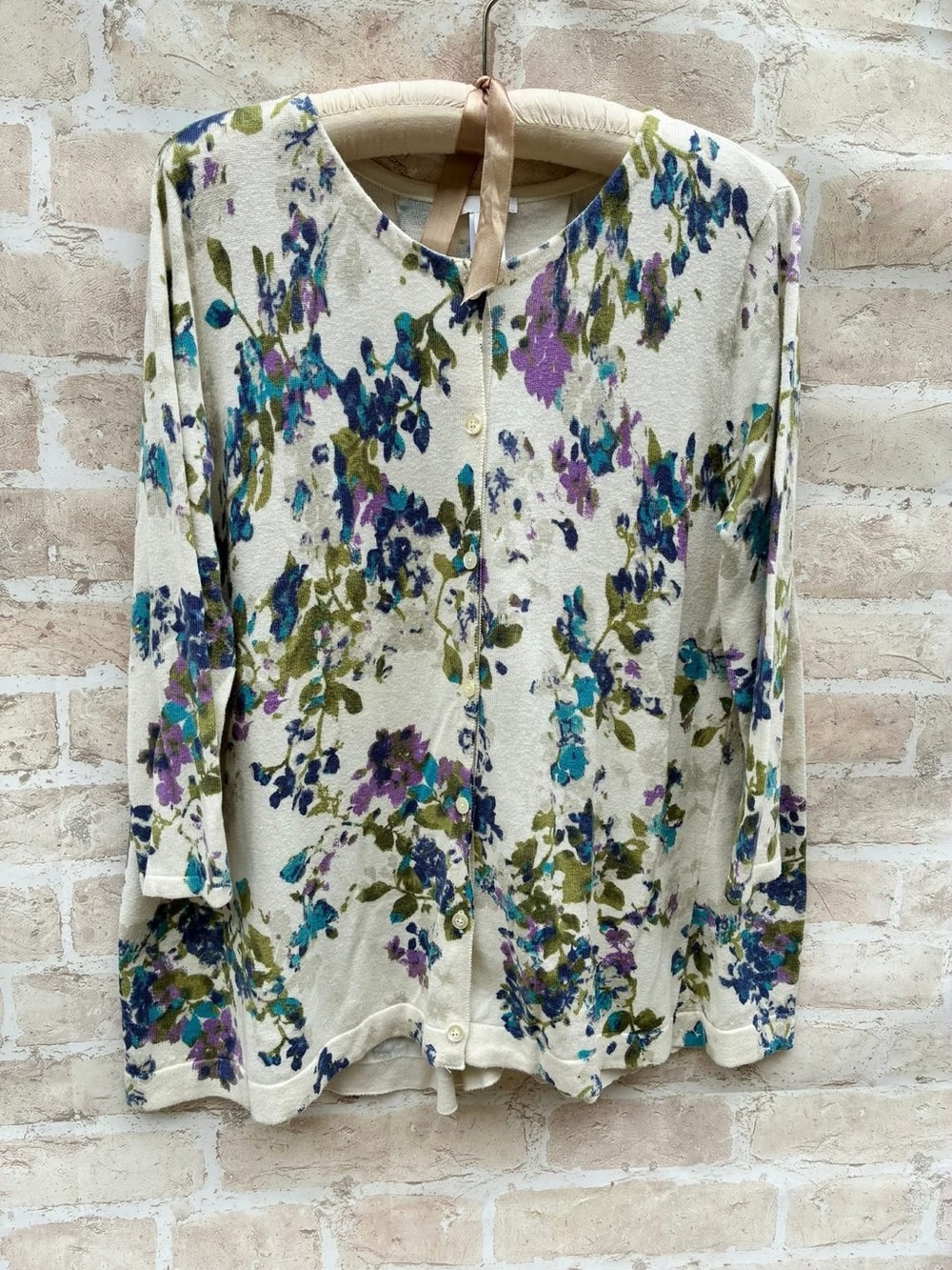 J Jill M Floral Button-Front Women’s cardigan in Cream with Teal & Purple